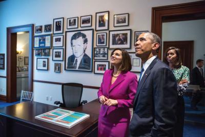 Vicki Kennedy shows President Barack Obama and First Lady Michelle Obama a replica of the Senate office of the late Senator Ted Kennedy during the dedication of the Edward M. Kennedy Institute for the United States Senate in Dorchester on Monday,March 30. Official White House Photo by Pete Souza